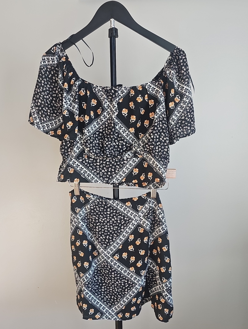 Black Floral Patchwork Skirt Set